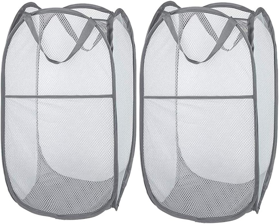 2 Pack Foldable Mesh Laundry Baskets with Reinforced Handles Grey Portable for Home Travel Student Use V1258-DP02-BOL-329