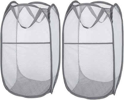 2 Pack Foldable Mesh Laundry Baskets with Reinforced Handles Grey Portable for Home Travel Student Use V1258-DP02-BOL-329
