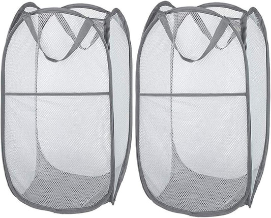 2 Pack Foldable Mesh Laundry Baskets with Reinforced Handles Grey Portable for Home Travel Student Use V1258-DP02-BOL-329