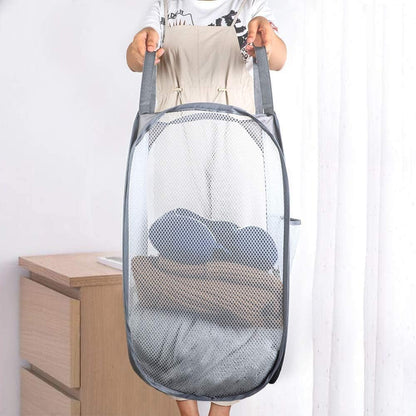 2 Pack Foldable Mesh Laundry Baskets with Reinforced Handles Grey Portable for Home Travel Student Use V1258-DP02-BOL-329