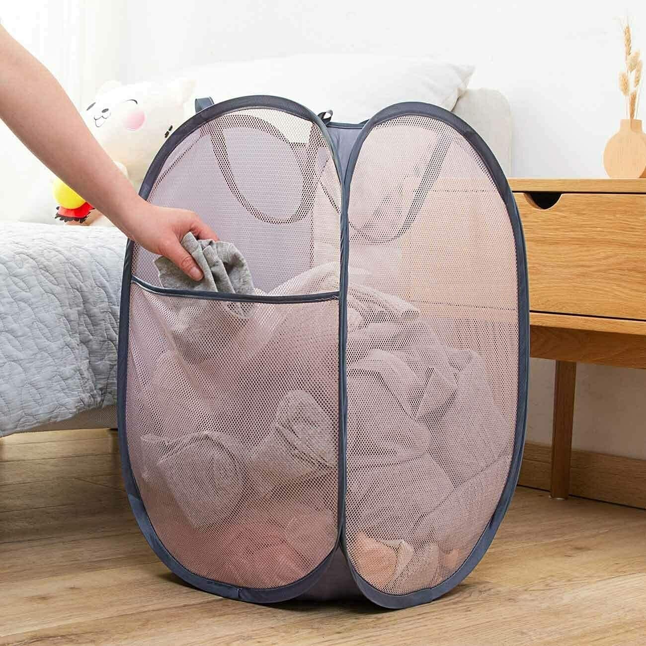 2 Pack Foldable Mesh Laundry Baskets with Reinforced Handles Grey Portable for Home Travel Student Use V1258-DP02-BOL-329
