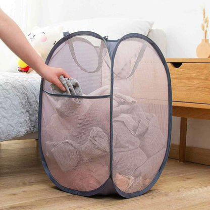 2 Pack Foldable Mesh Laundry Baskets with Reinforced Handles Grey Portable for Home Travel Student Use V1258-DP02-BOL-329