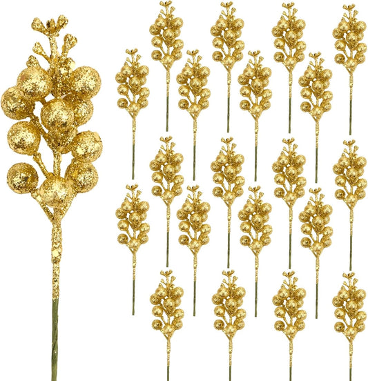 20 Gold Glitter Berry Ornaments Christmas Tree Decorations Artificial Xmas Tree Filler DIY Wreath Festive V1258-DP02-BOL-338