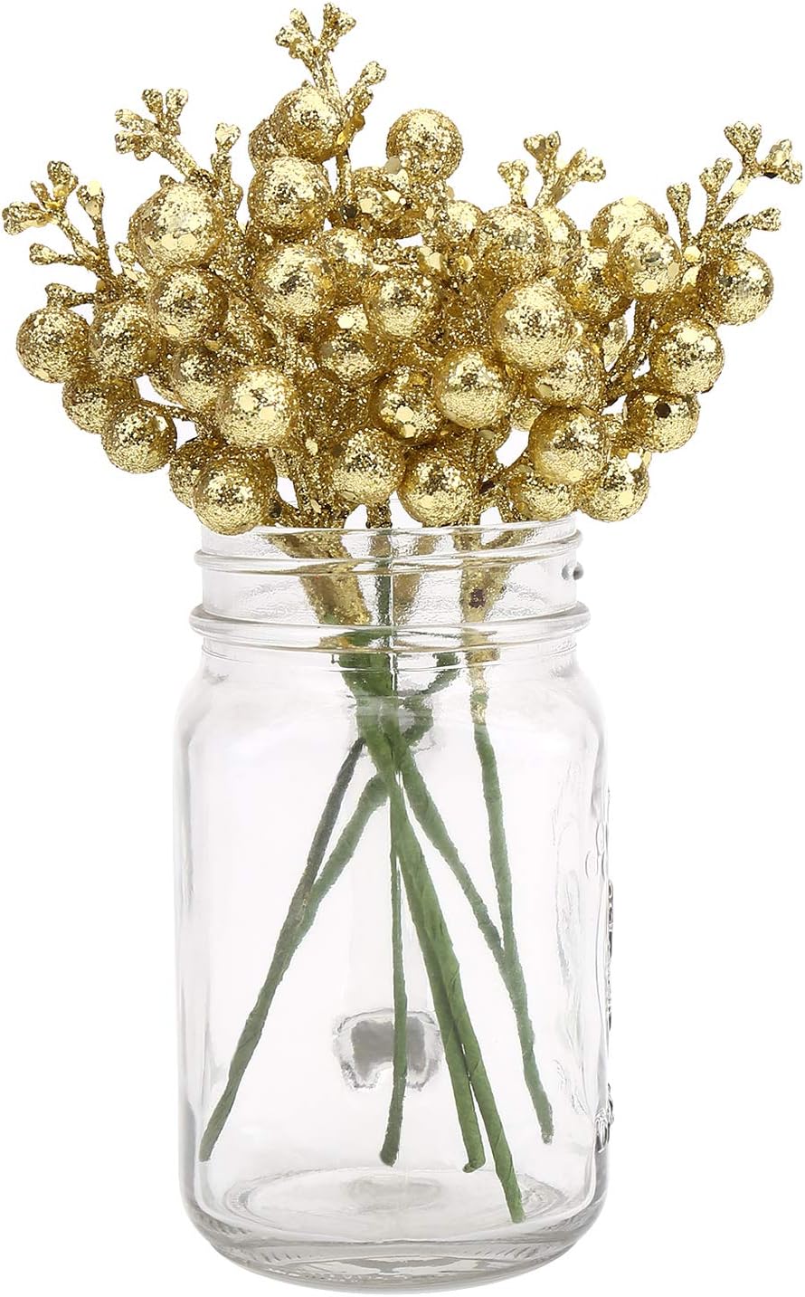 20 Gold Glitter Berry Ornaments Christmas Tree Decorations Artificial Xmas Tree Filler DIY Wreath Festive V1258-DP02-BOL-338