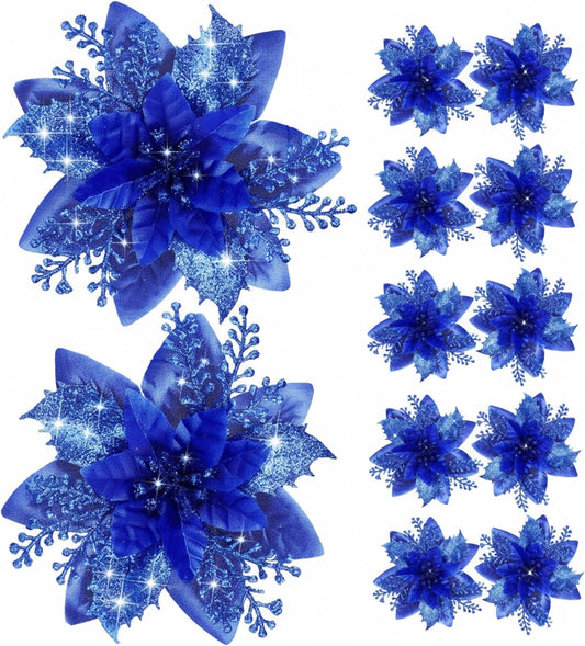 12 Piece Royal Blue Christmas Decorations Set with Glitter Artificial Flowers Clips for Tree Wreaths Home V1258-DP02-BOL-339
