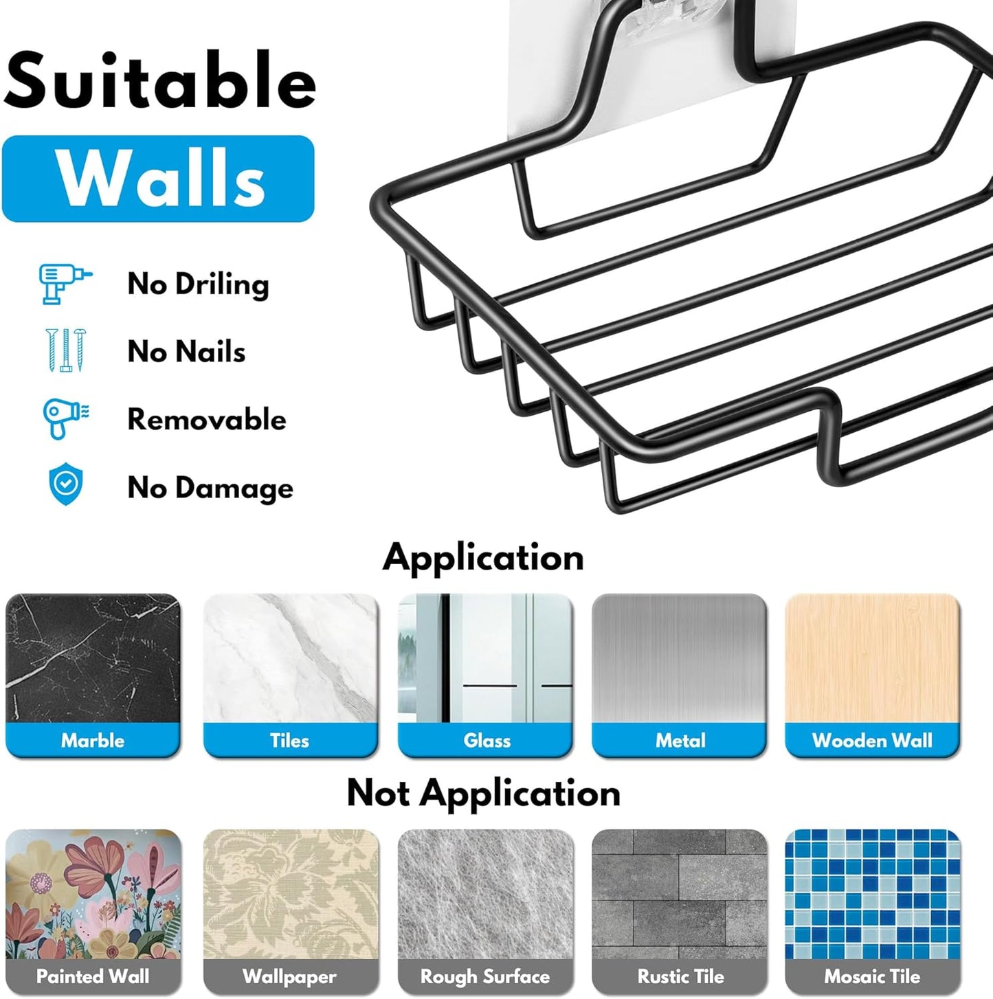 Adhesive Soap Dish for Shower & Bathroom - Stainless Steel - Black - 1 Piece V1258-DP02-BOL-344