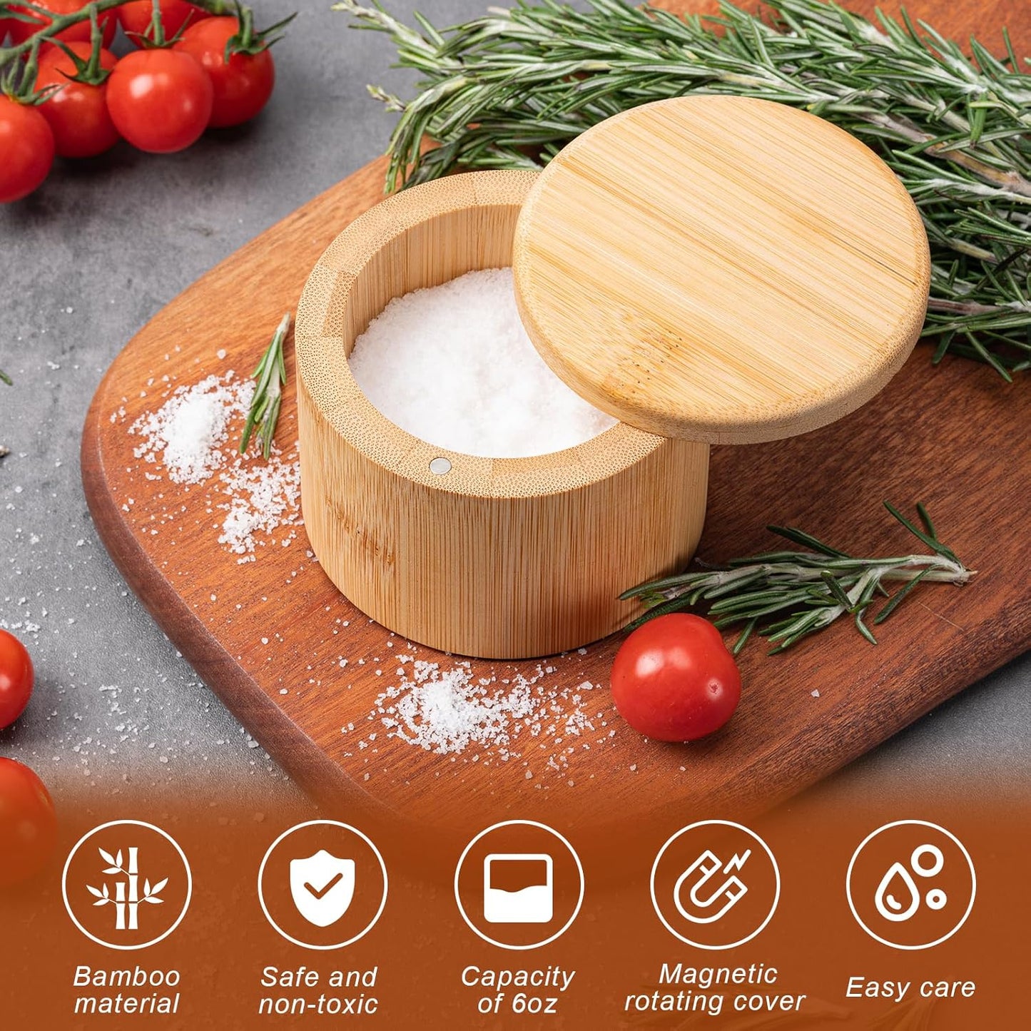 Bamboo Salt Grinder with Magnetic Rotating Lid Round Salt Container for Storing Salt Pepper Sugar and Spices V1258-DP02-BOL-345