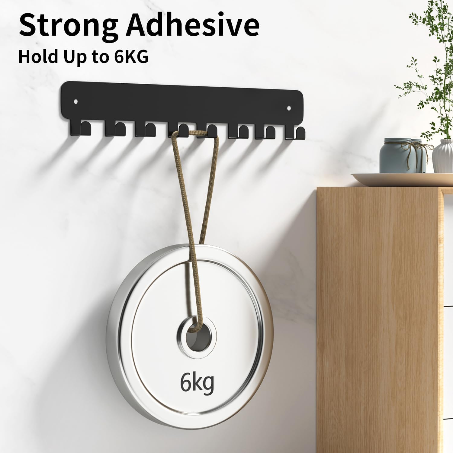 8 Hook Metal Key Rack Black Self-Adhesive or Screw Mount for Kitchen Office Hallway V1258-DP02-BOL-347