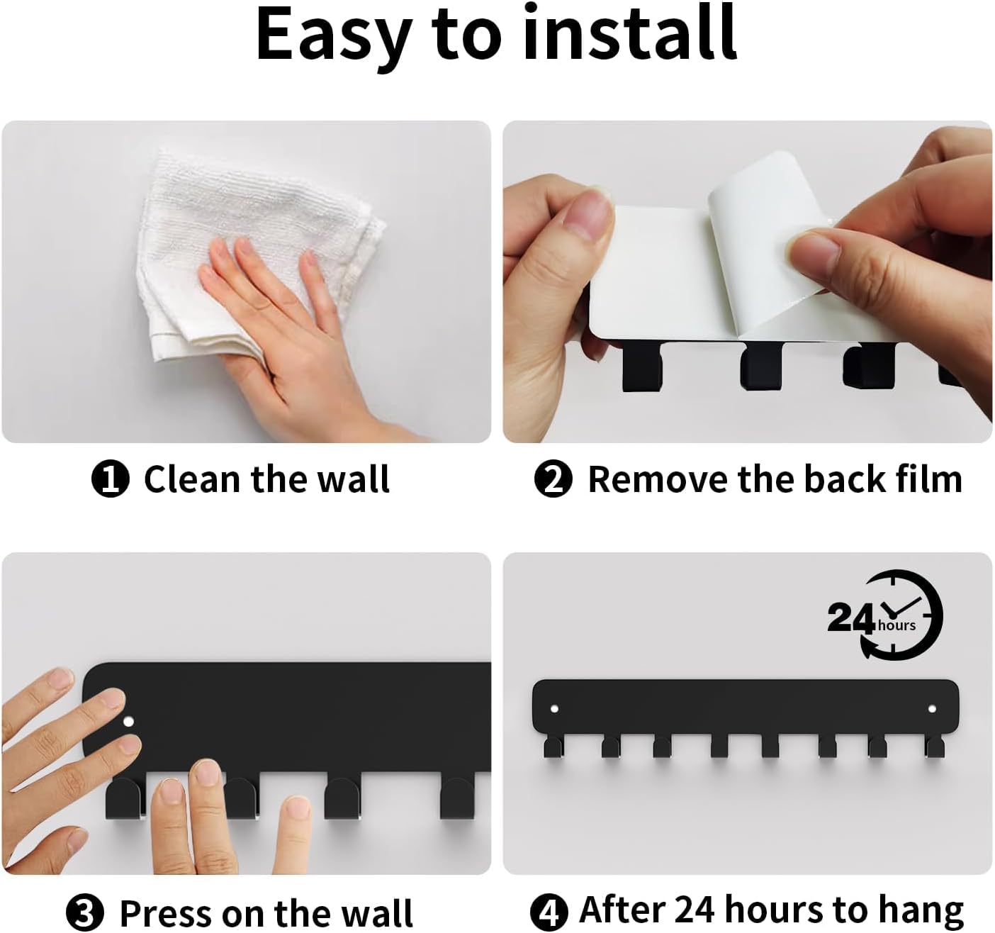 8 Hook Metal Key Rack Black Self-Adhesive or Screw Mount for Kitchen Office Hallway V1258-DP02-BOL-347