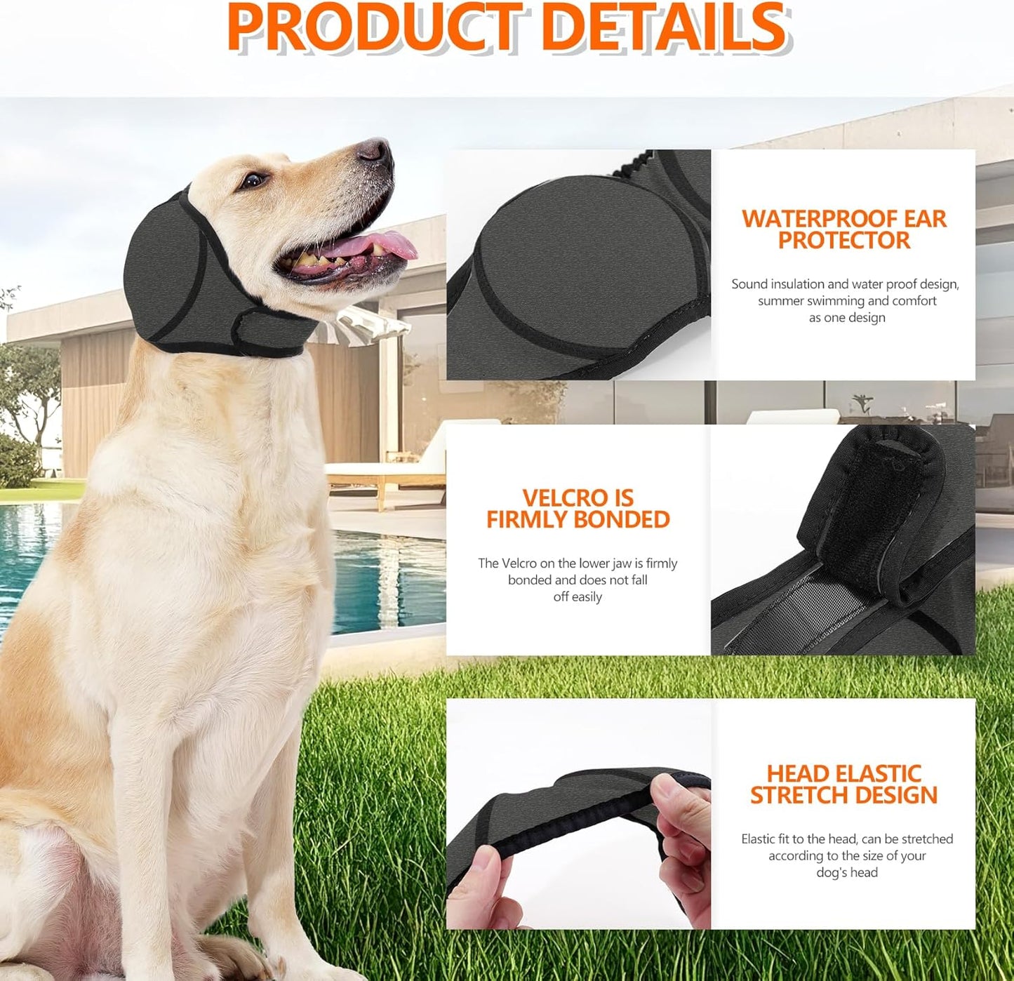 Dog Ear Covers Grey L-Shaped Soundproof No Cap Elastic Waterproof for Hematomas Bathing Drying Swimming V1258-DP02-BOL-350