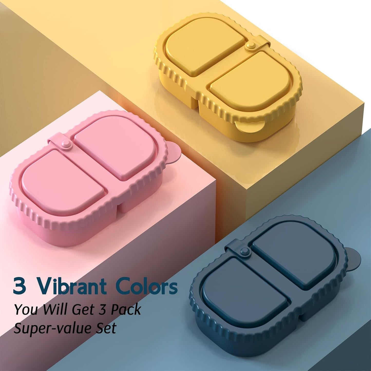 3 Pack Silicone Lunch Boxes Reusable with Lids Mini Double Compartment Portable Food Storage Containers for V1258-DP02-BOL-368