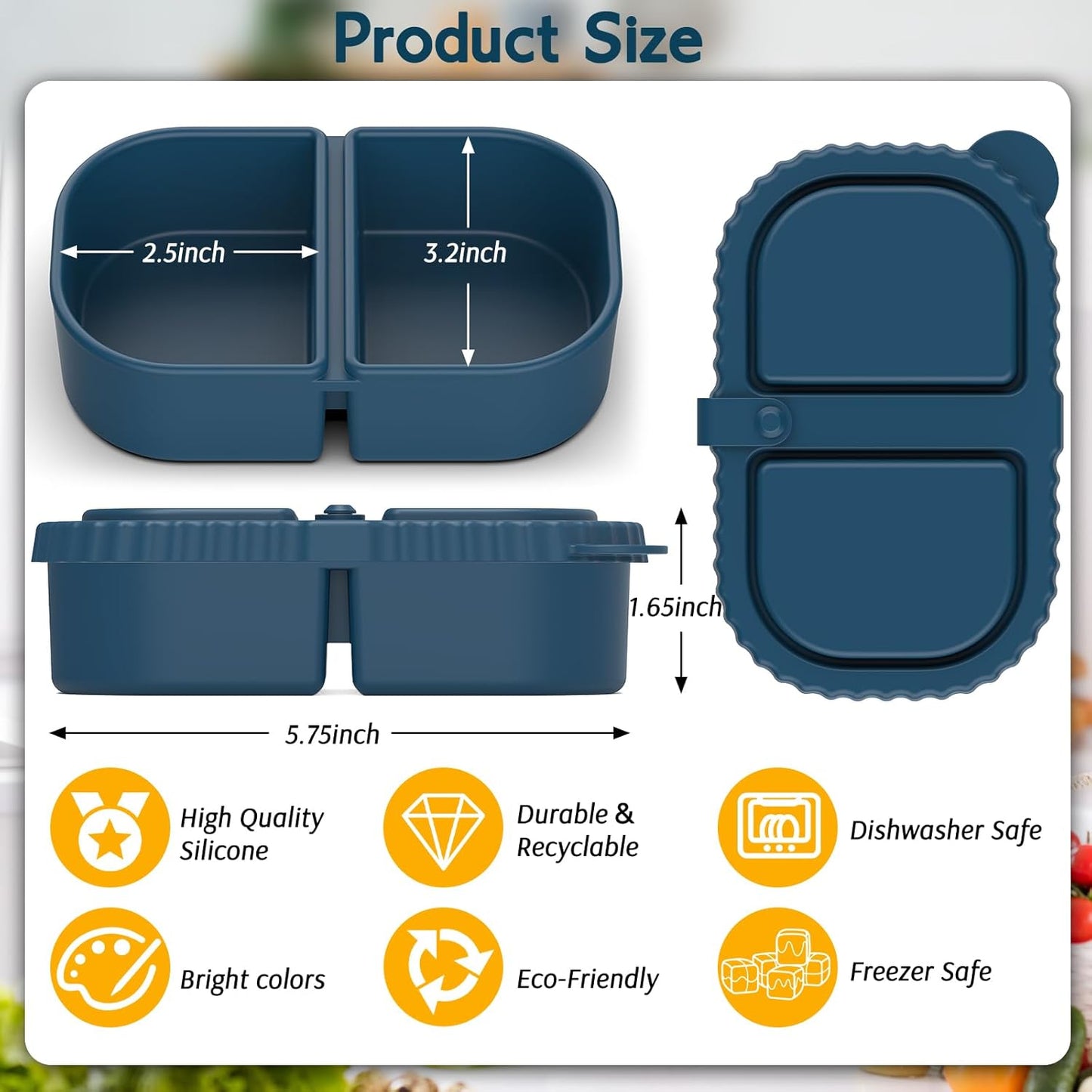 3 Pack Silicone Lunch Boxes Reusable with Lids Mini Double Compartment Portable Food Storage Containers for V1258-DP02-BOL-368
