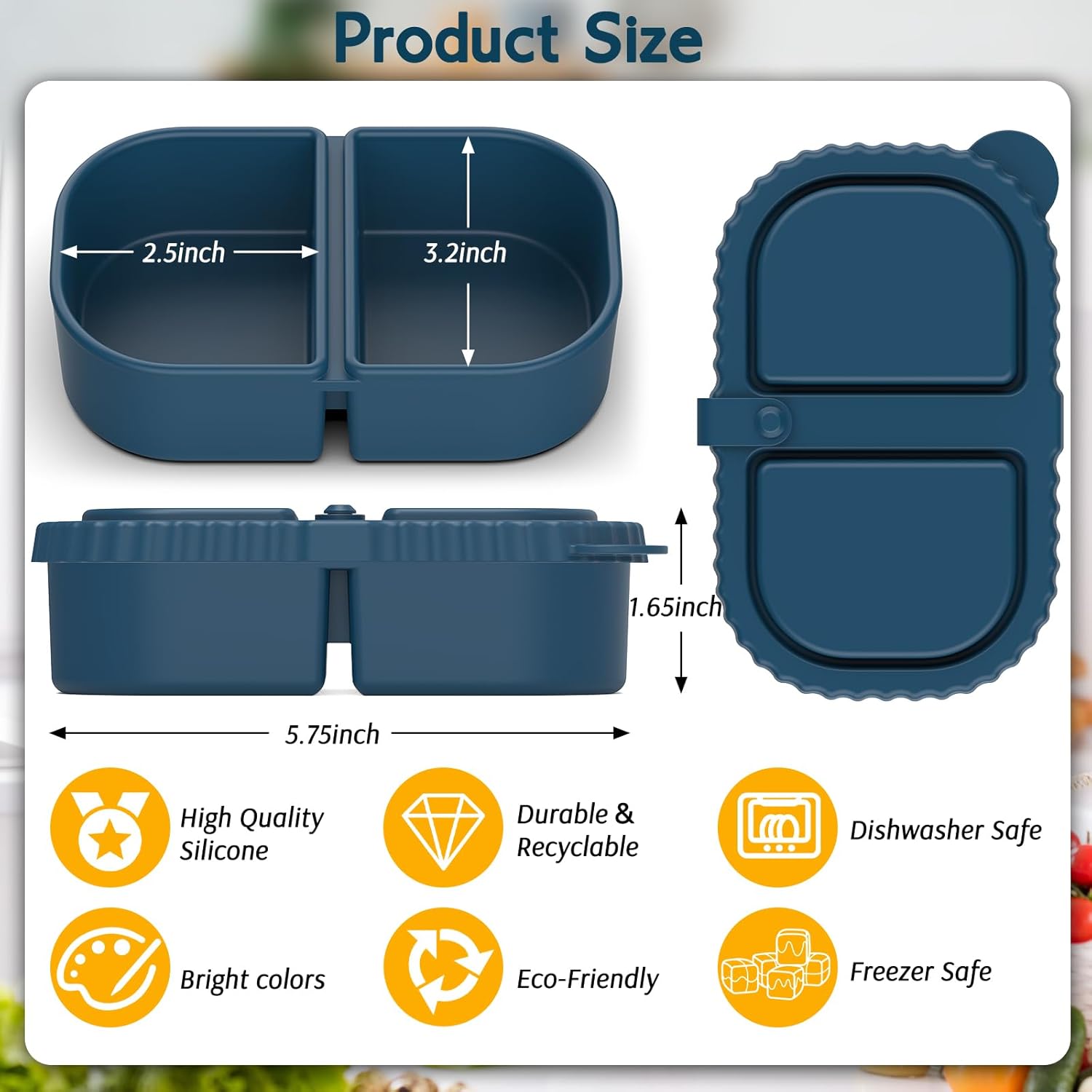 3 Pack Silicone Lunch Boxes Reusable with Lids Mini Double Compartment Portable Food Storage Containers for V1258-DP02-BOL-368
