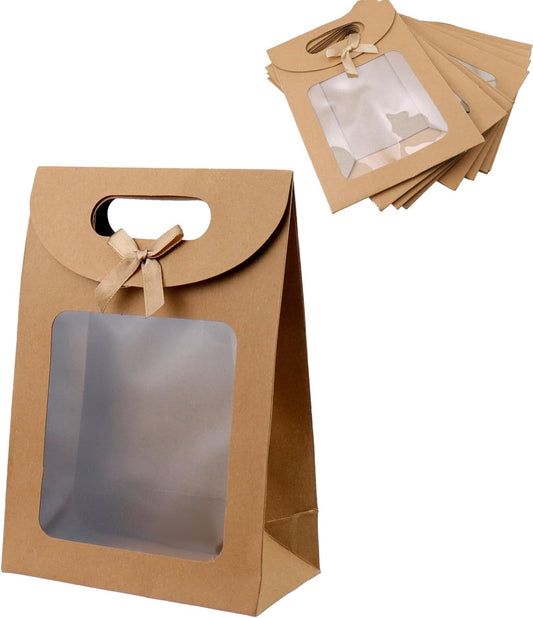 Brown Kraft Paper Gift Bags with Window and Handles 12 Pack Stand Up for Candy Cookies Weddings Parties V1258-DP02-BOL-377