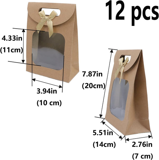 Brown Kraft Paper Gift Bags with Window and Handles 12 Pack Stand Up for Candy Cookies Weddings Parties V1258-DP02-BOL-377