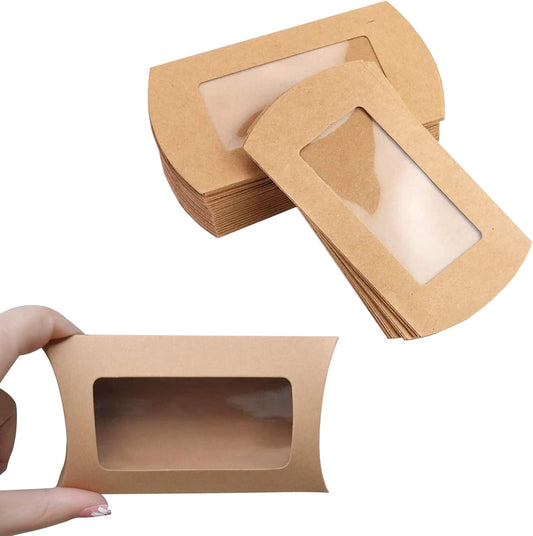 40 Pack Brown Kraft Paper Pillow Boxes with Clear Window for Cookies Candy Chocolate Jewelry Weddings Party V1258-DP02-BOL-380