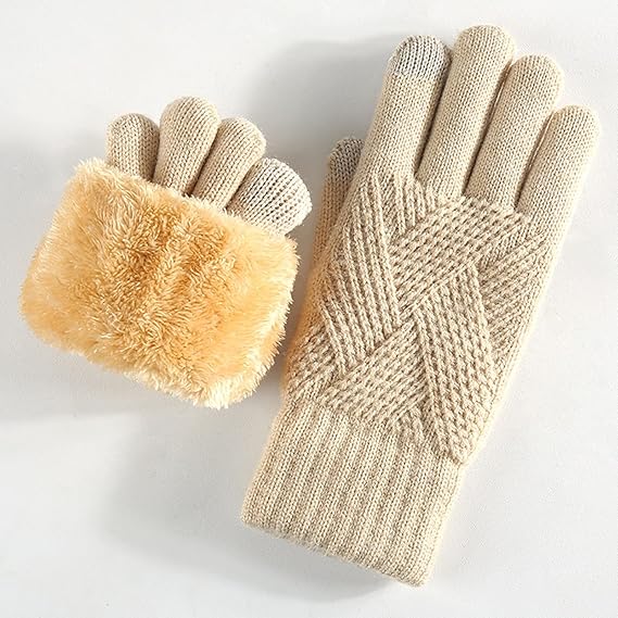 Unisex Beige Winter Running Gloves with Thick Fleece Lining for Warmth V1258-DP02-BOL-385