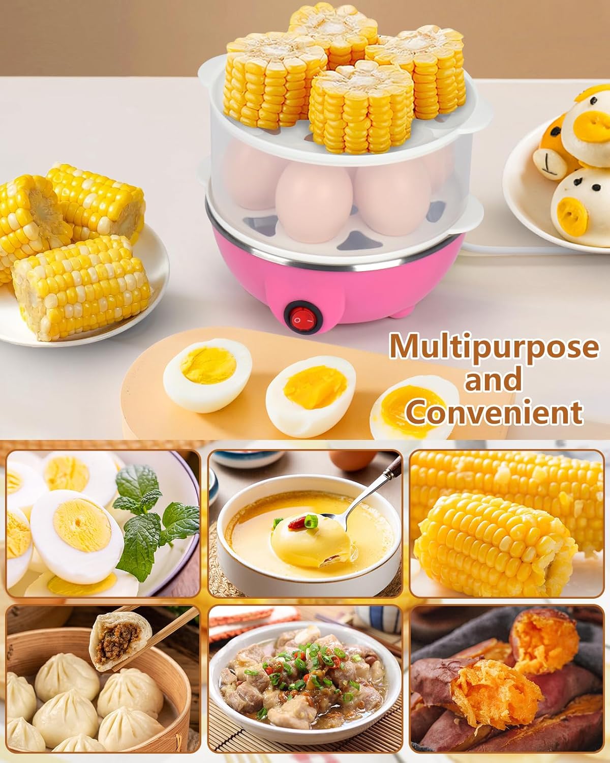 Electric Egg Cooker Steamer with Timer Auto Shut-Off 14 Egg Capacity 350W Double Layer Multifunctional for V1258-DP02-BOL-392