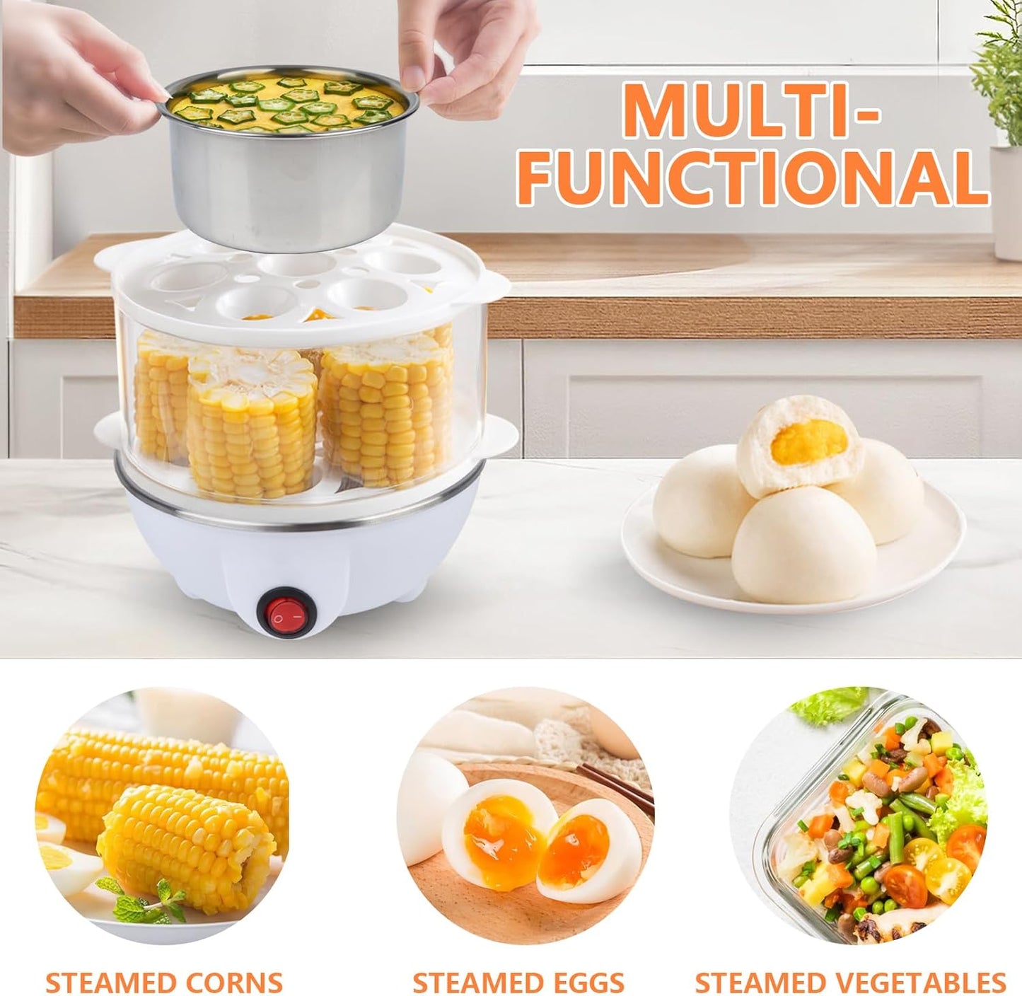 Electric Egg Cooker Steamer with Timer Auto Shut-Off 14 Egg Capacity 350W Double Layer Multifunctional for V1258-DP02-BOL-392