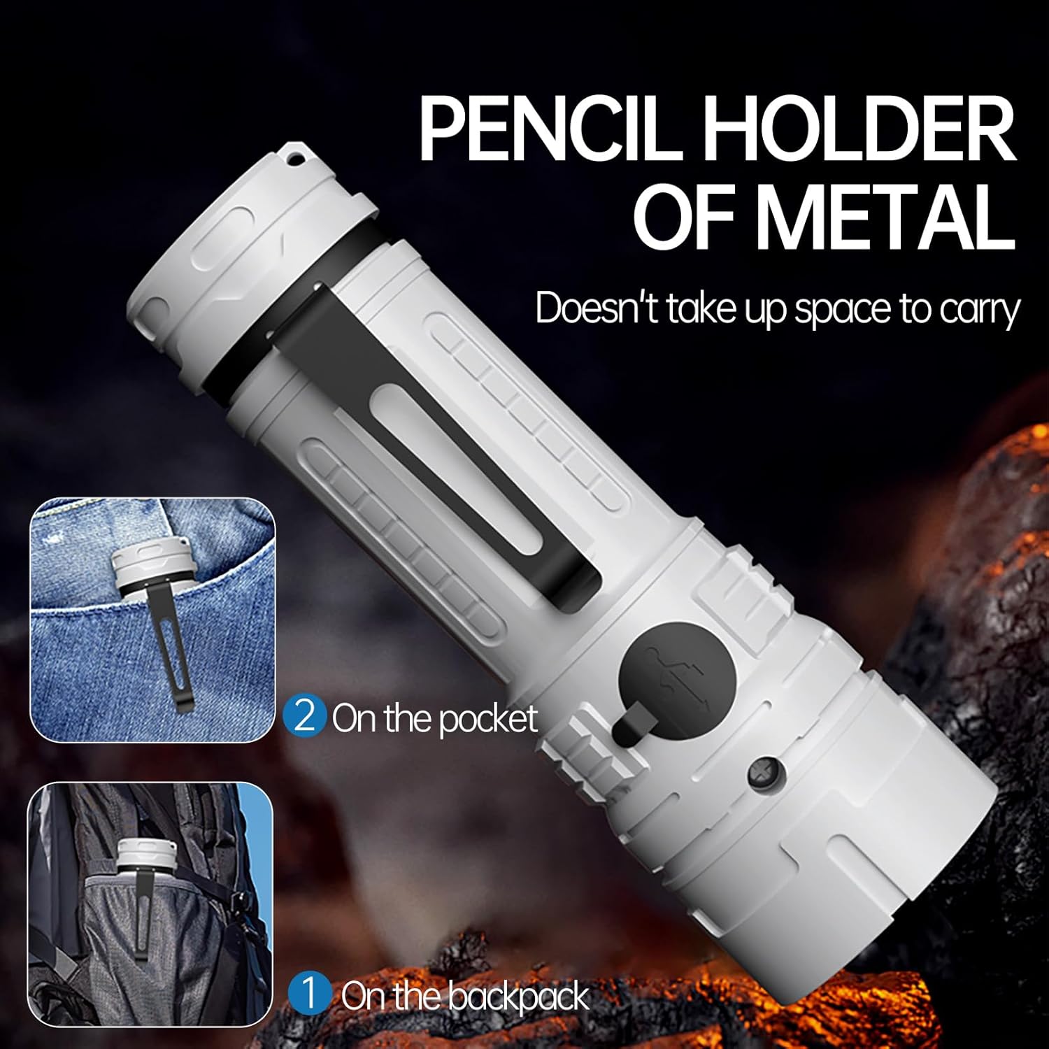 Rechargeable LED Torch - White - 1 Piece - Lightweight Portable Flashlight for Camping Backpacking Hiking V1258-DP02-BOL-398