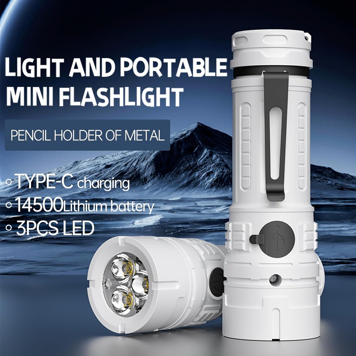 Rechargeable LED Torch - White - 1 Piece - Lightweight Portable Flashlight for Camping Backpacking Hiking V1258-DP02-BOL-398