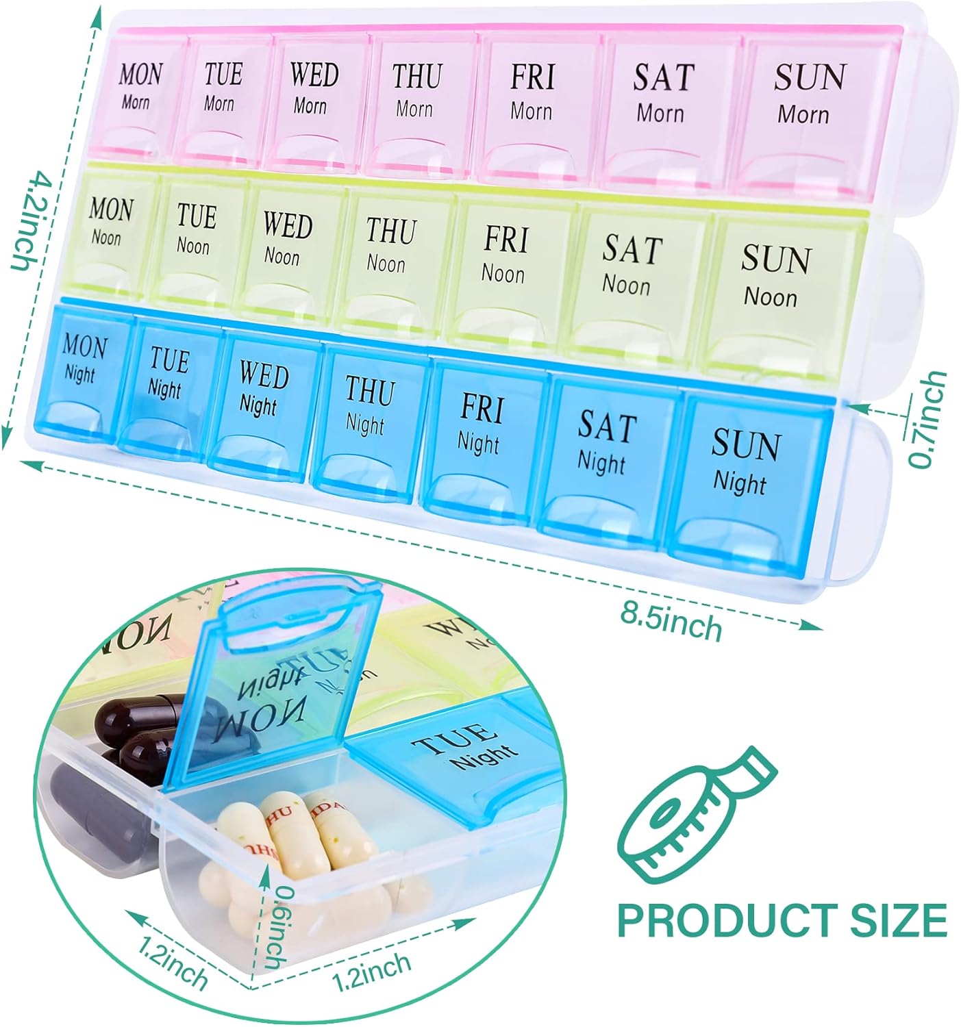 7 Day Pill Organizer 3 Compartments AM PM Evening 21 Slot Weekly Medication Storage Box V1258-DP02-BOL-4