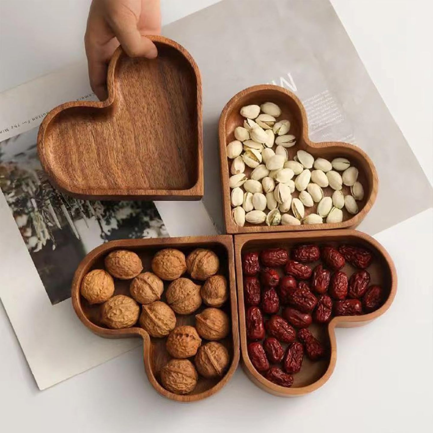 4-Piece Heart-Shaped Wooden Bowl Set Snack Fruit Dried Food Nut Candy Storage Decorative Display Bowls V1258-DP02-BOL-42