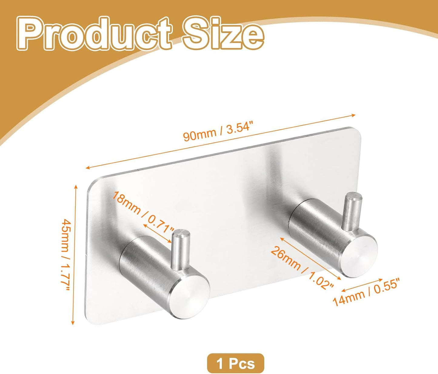 2 Pack Self-Adhesive Towel Hooks Stainless Steel 304 Rustproof Waterproof Silver Wall Mounted Bathroom V1258-DP02-BOL-423
