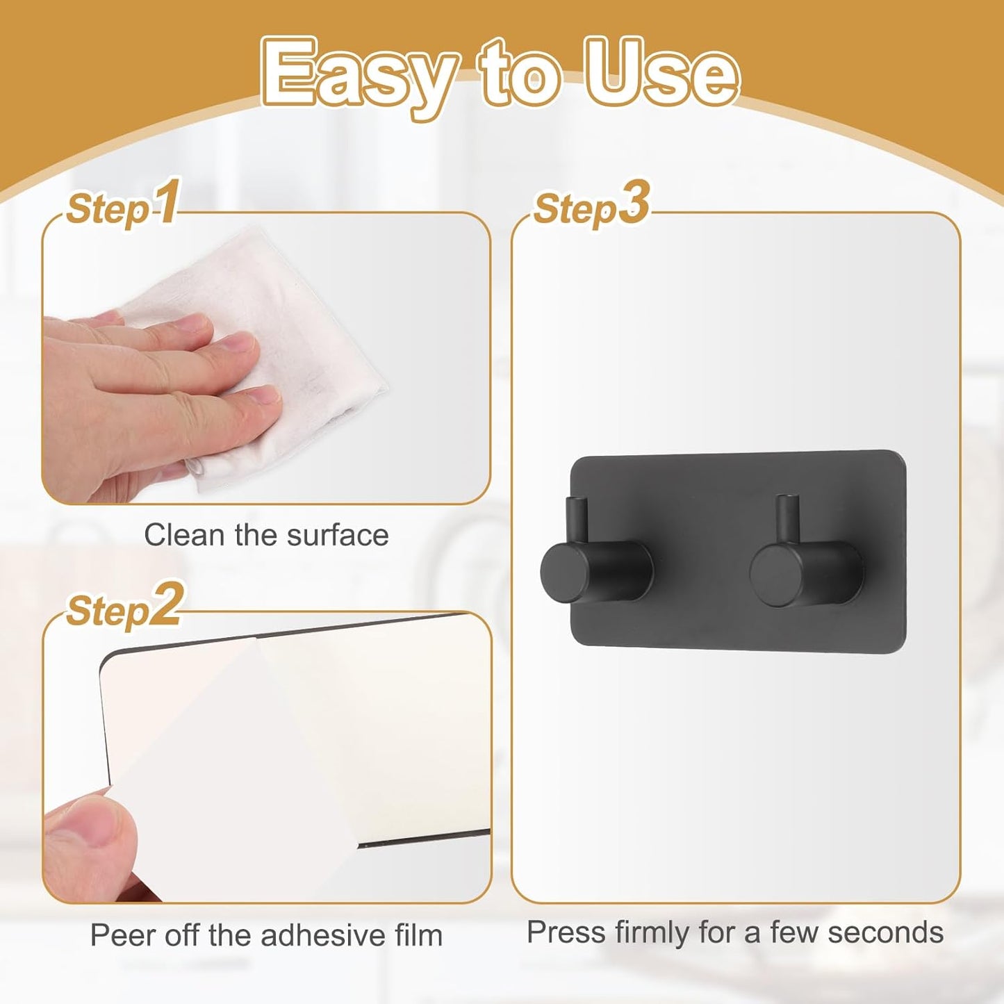 2 Pack Self-Adhesive Towel Hooks Stainless Steel 304 Rustproof Waterproof Silver Wall Mounted Bathroom V1258-DP02-BOL-423