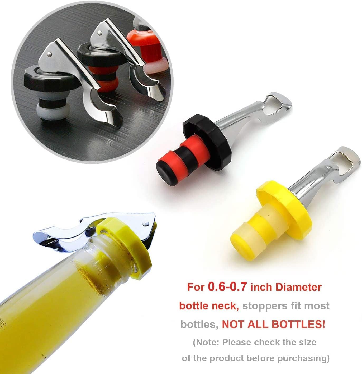 6 Pack Silicone Vacuum Bottle Stoppers Red Yellow Black for Wine Champagne Beer Whisky Soft Drinks Water V1258-DP02-BOL-456