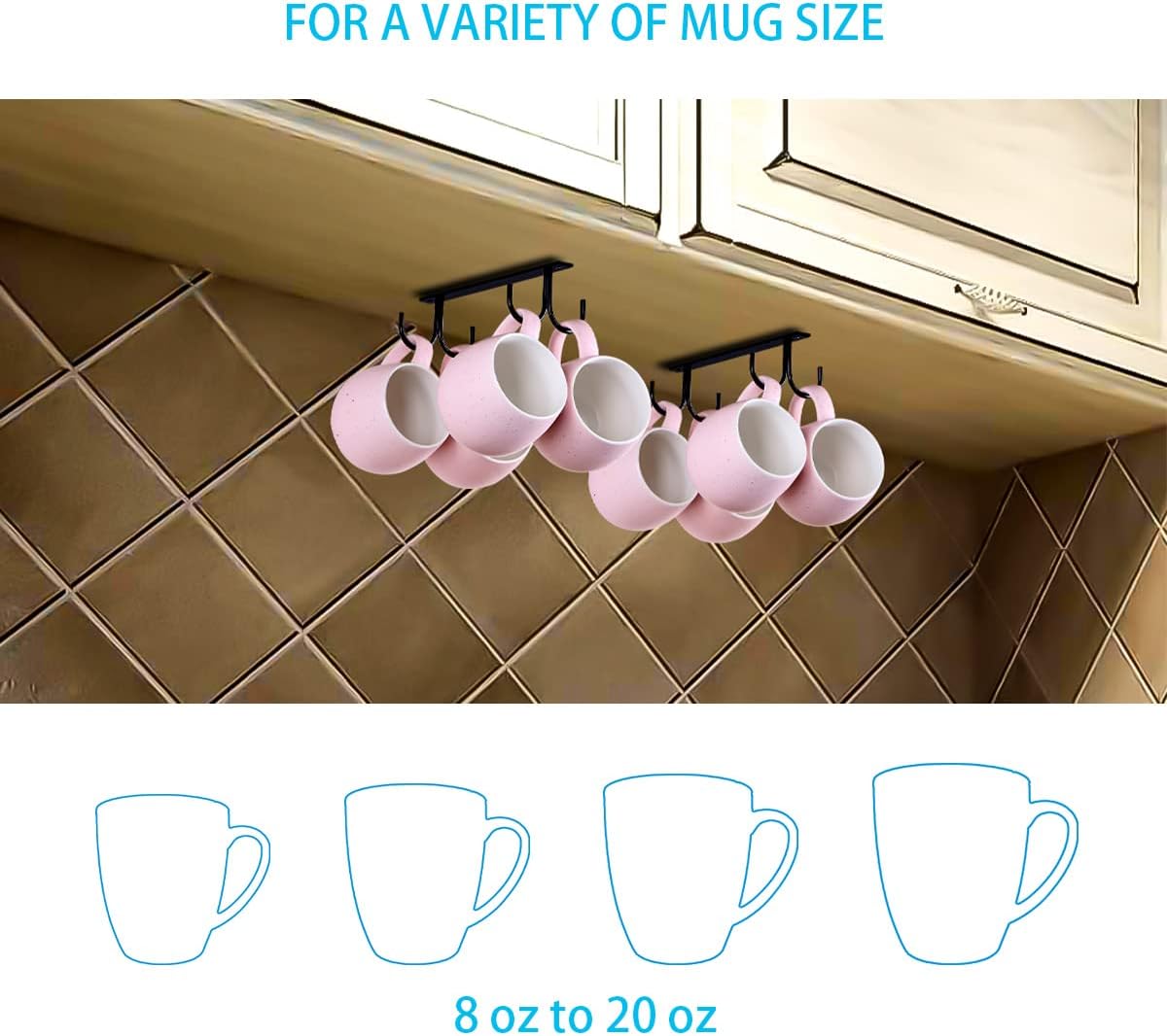 Under Cabinet Industrial Mug Holder - Space-Saving Hanging Rack for Mugs, Cups & Kitchen Accessories - 4 V1258-DP02-BOL-463