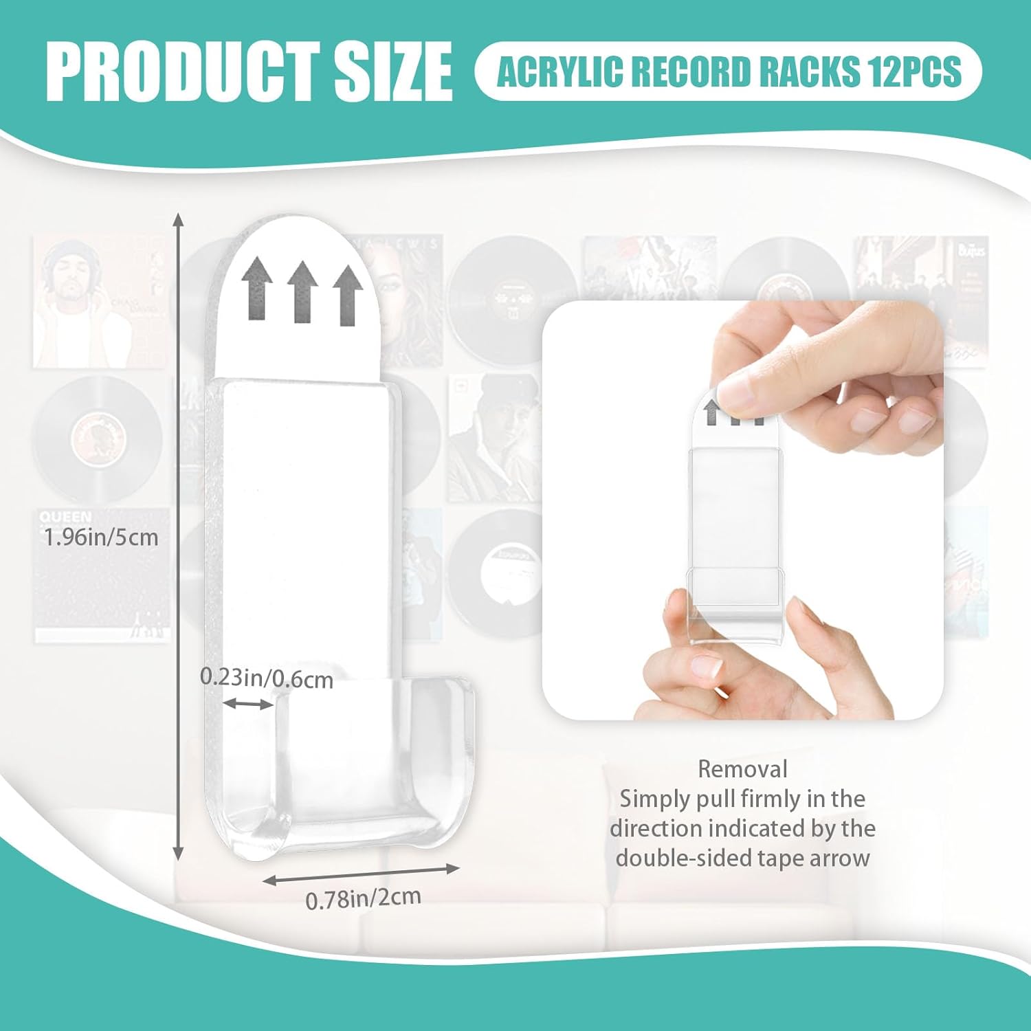 12 Pack Acrylic Transparent Vinyl Record Holder Wall Mount No Drilling Required Display Rack V1258-DP02-BOL-466