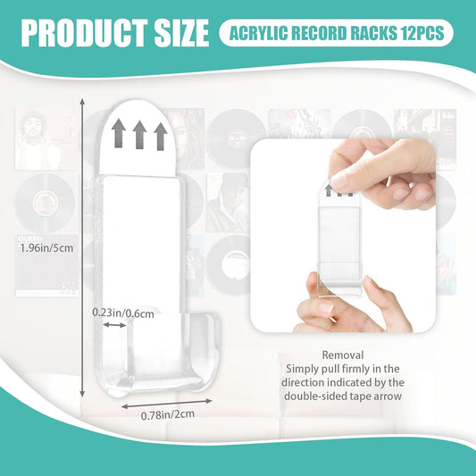 12 Pack Acrylic Transparent Vinyl Record Holder Wall Mount No Drilling Required Display Rack V1258-DP02-BOL-466