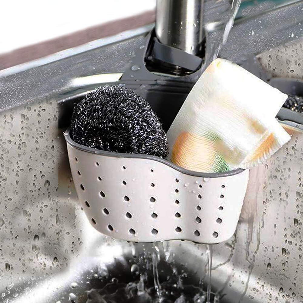2Pcs Beige Kitchen Sink Caddy Adjustable Hanging Silicone Plastic Soap Holder with Faucet Drain Hole for V1258-DP02-BOL-48
