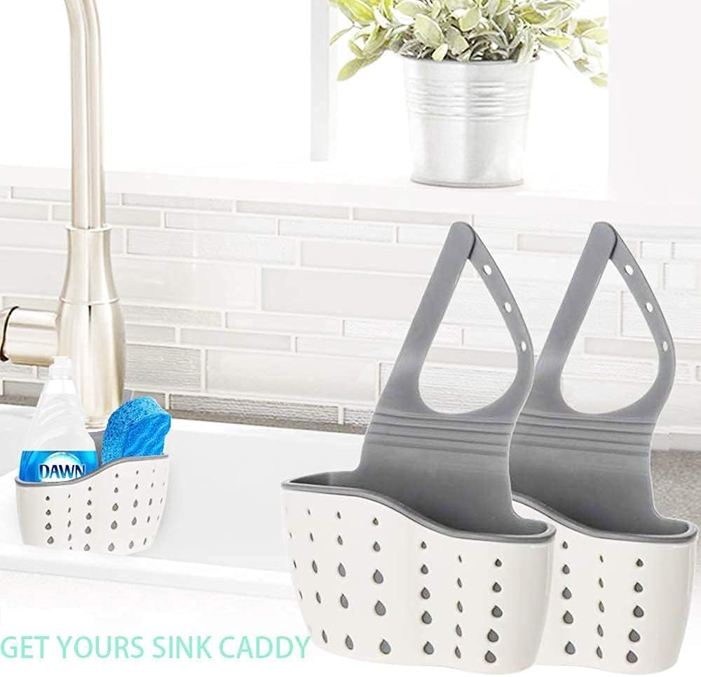 2Pcs Beige Kitchen Sink Caddy Adjustable Hanging Silicone Plastic Soap Holder with Faucet Drain Hole for V1258-DP02-BOL-48