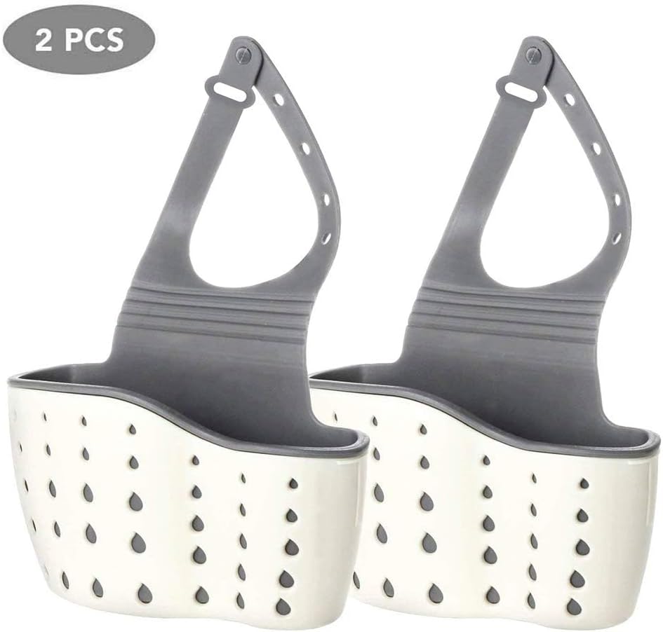 2Pcs Beige Kitchen Sink Caddy Adjustable Hanging Silicone Plastic Soap Holder with Faucet Drain Hole for V1258-DP02-BOL-48