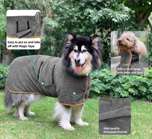 Dog Bathrobe - 1 Piece - Size M - Grey with Orange Piping - Absorbent Dog Towel - Adjustable Strap Dog Robe - V1258-DP02-BOL-490