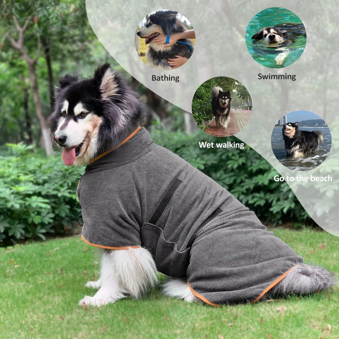 Dog Bathrobe - 1 Piece - Size M - Grey with Orange Piping - Absorbent Dog Towel - Adjustable Strap Dog Robe - V1258-DP02-BOL-490