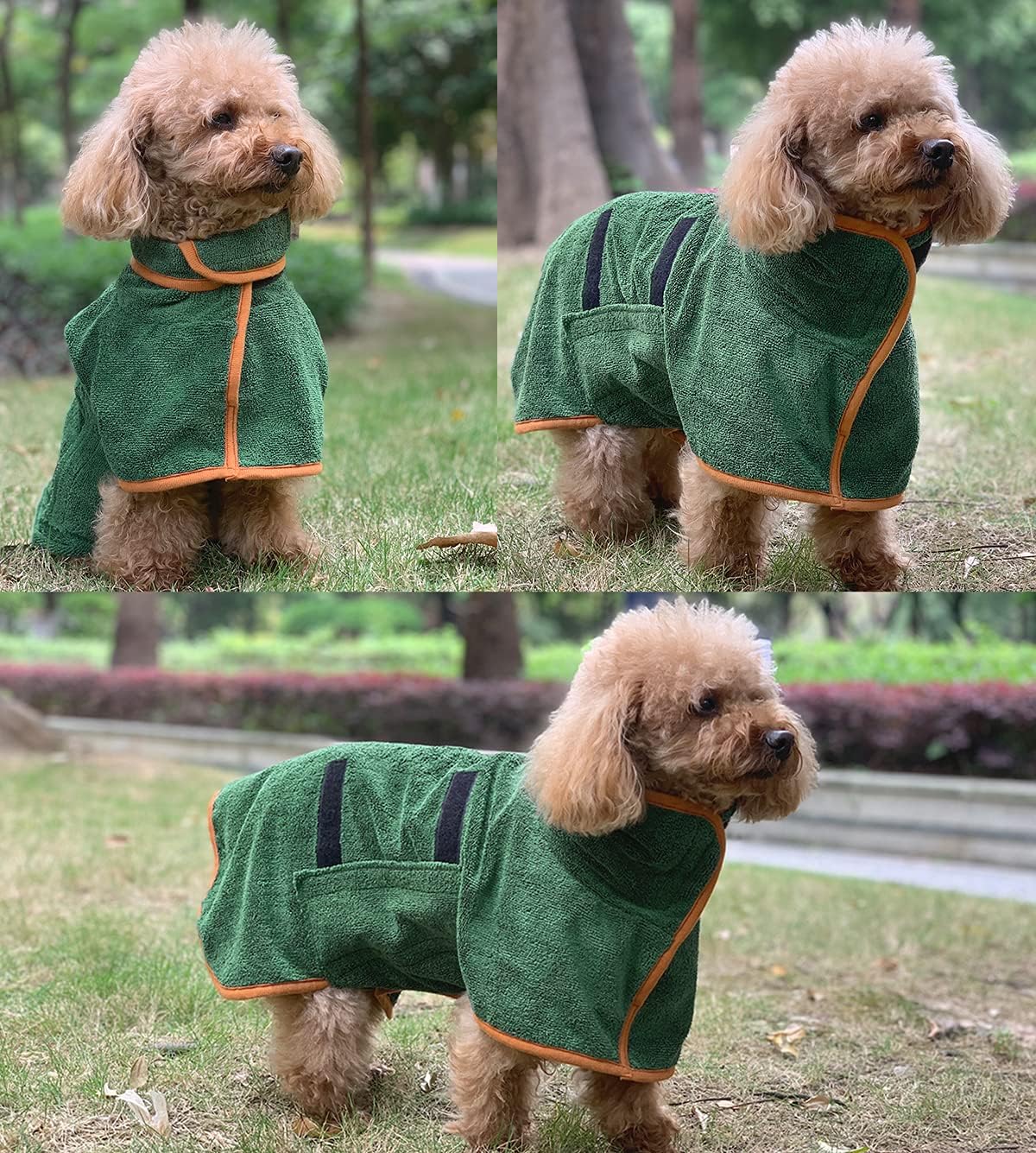Green Dog Bathrobe with Orange Piping Size S - Adjustable Strap Pet Towel for Dogs V1258-DP02-BOL-491