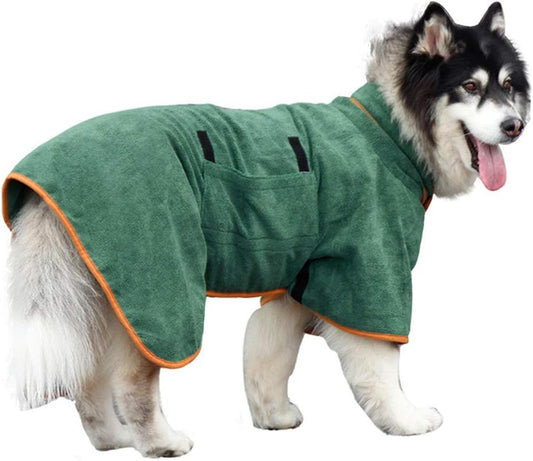 Dog Bathrobe - Size M - Green with Orange Trim - Absorbent Pet Towel with Adjustable Strap V1258-DP02-BOL-492