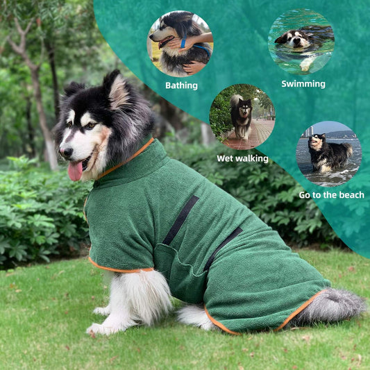 Dog Bathrobe - Size M - Green with Orange Trim - Absorbent Pet Towel with Adjustable Strap V1258-DP02-BOL-492