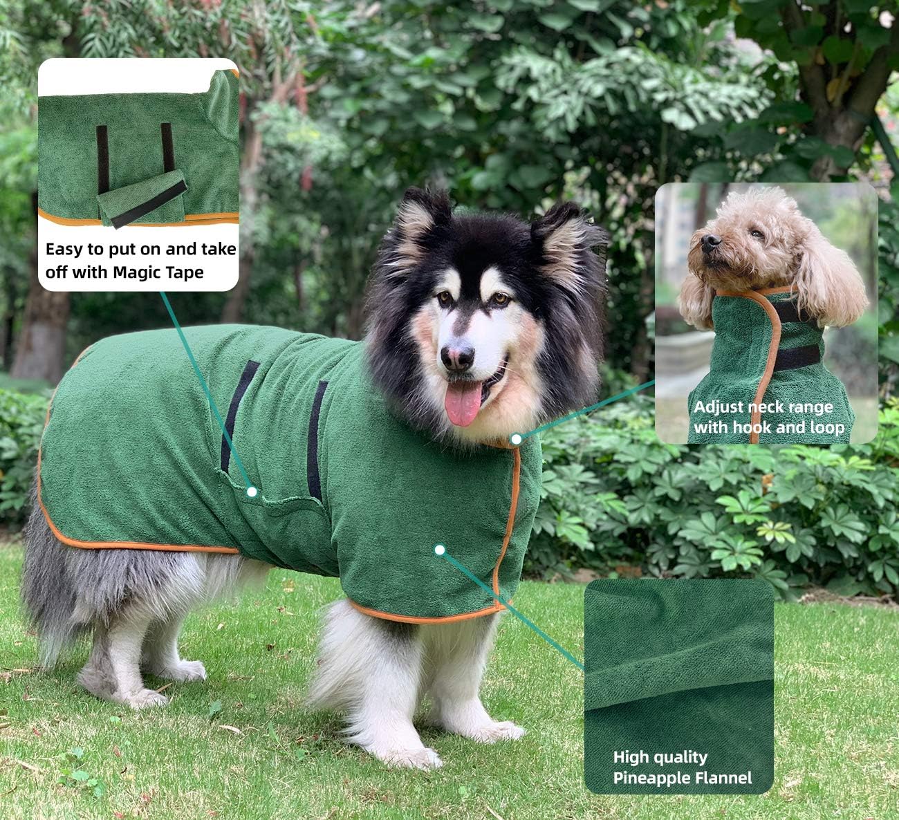 Dog Bathrobe - Size M - Green with Orange Trim - Absorbent Pet Towel with Adjustable Strap V1258-DP02-BOL-492