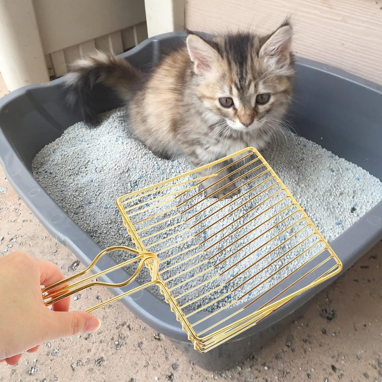 Gold Plated Metal Wire Cat Litter Scoop Square Design Ergonomic Handle V1258-DP02-BOL-496