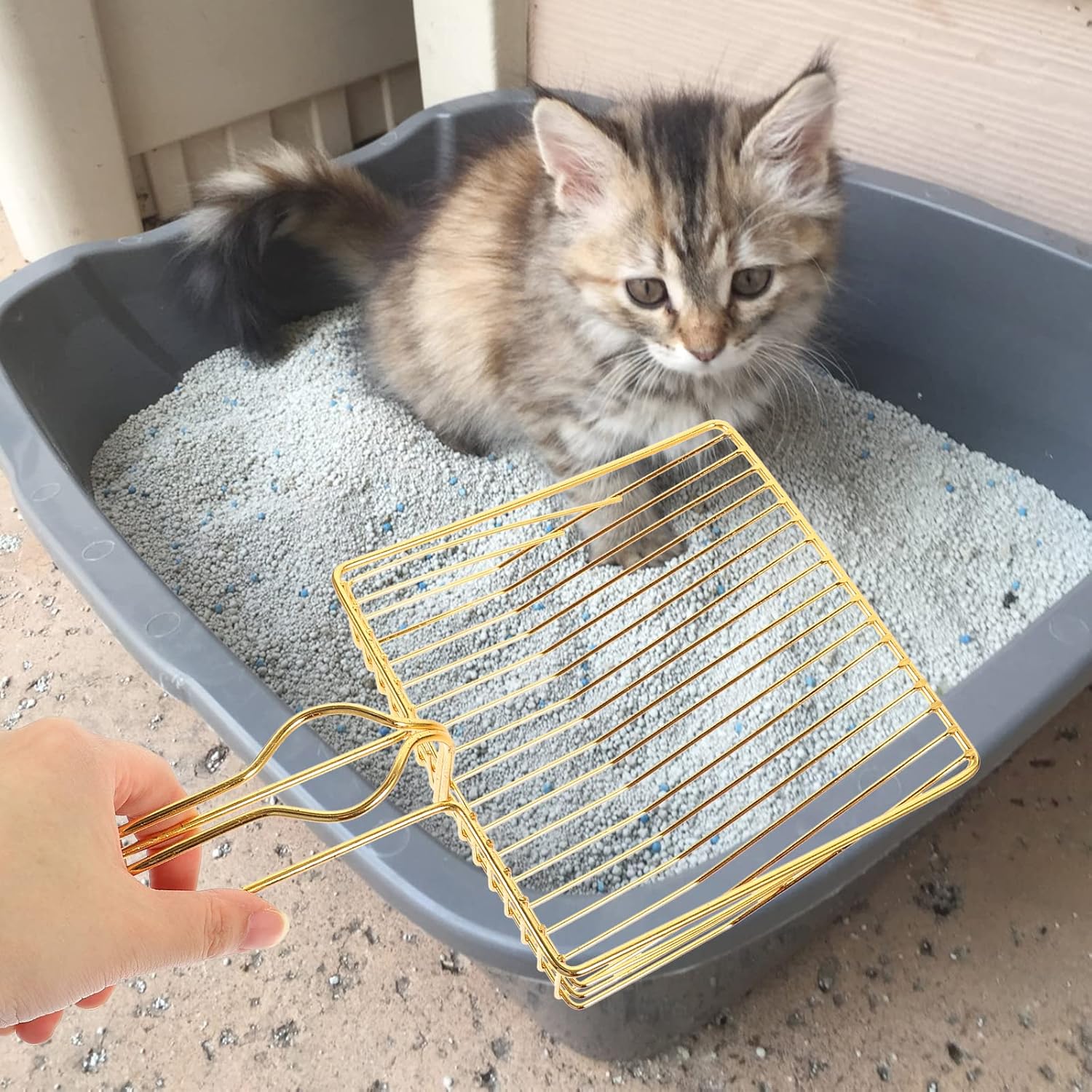 Gold Plated Metal Wire Cat Litter Scoop Square Design Ergonomic Handle V1258-DP02-BOL-496