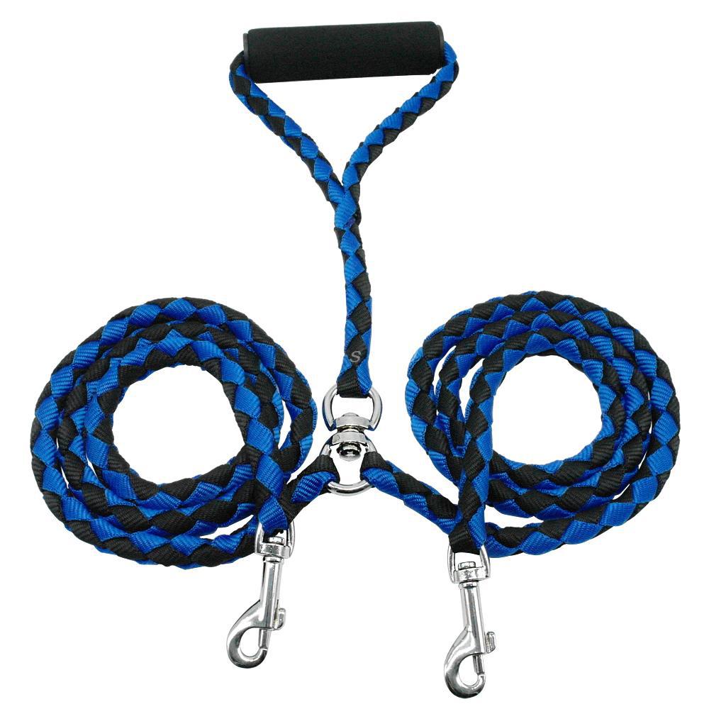 Adjustable 1.4m Double Dog Leash with Collar - Black and Blue Sturdy Pet Lead for Dogs V1258-DP02-BOL-498