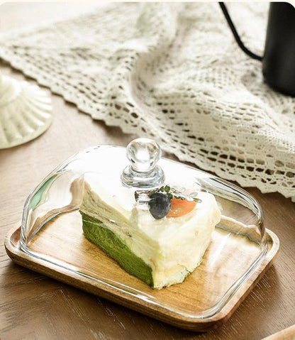 Mini Cake Stand with Glass Dome - Wooden Serving Board for Cupcakes Cheese - Butter Dome as Kitchen V1258-DP02-BOL-551