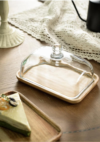Mini Cake Stand with Glass Dome - Wooden Serving Board for Cupcakes Cheese - Butter Dome as Kitchen V1258-DP02-BOL-551