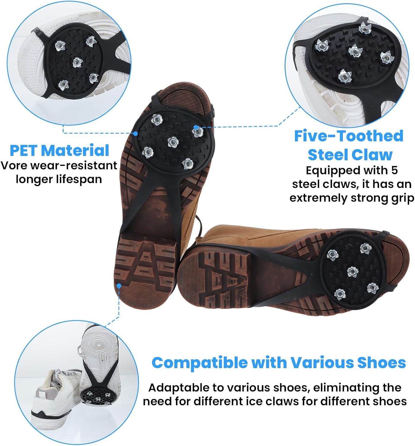 Anti-Slip Spikes Crampons with 5 Steel Teeth 2 Pairs for Traction on Ice and Snow V1258-DP02-BOL-620
