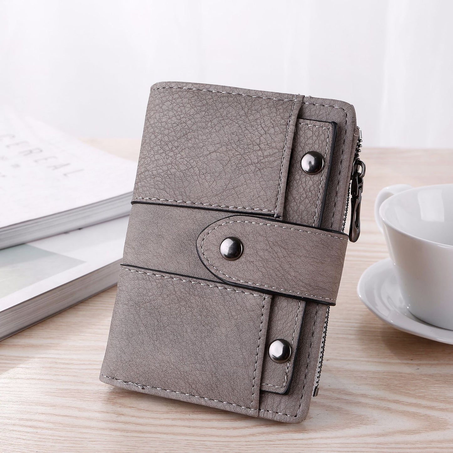 Women's Faux Leather Wallet Light Grey Coin Purse Card Holder V1258-DP02-BOL-634