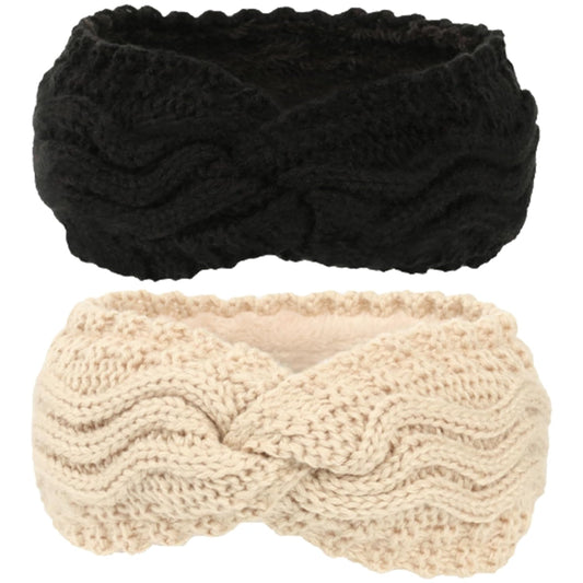 Winter Knitted Ear Warmers Headband - Beige and Black - Warm - One Size - 2 Pack V1258-DP02-BOL-653